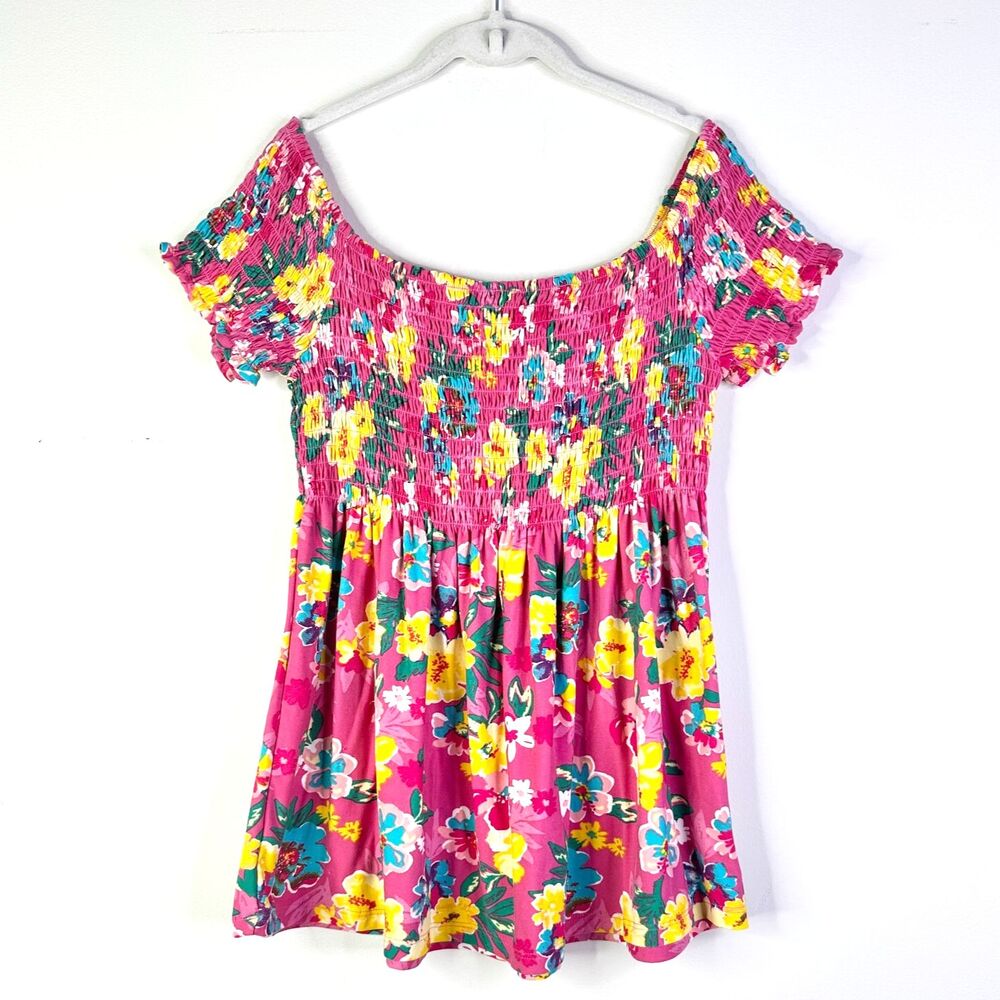 Bobbie Brooks Top Women XL Pink Floral Smocked Bloomcore Cottage Boho NWOT